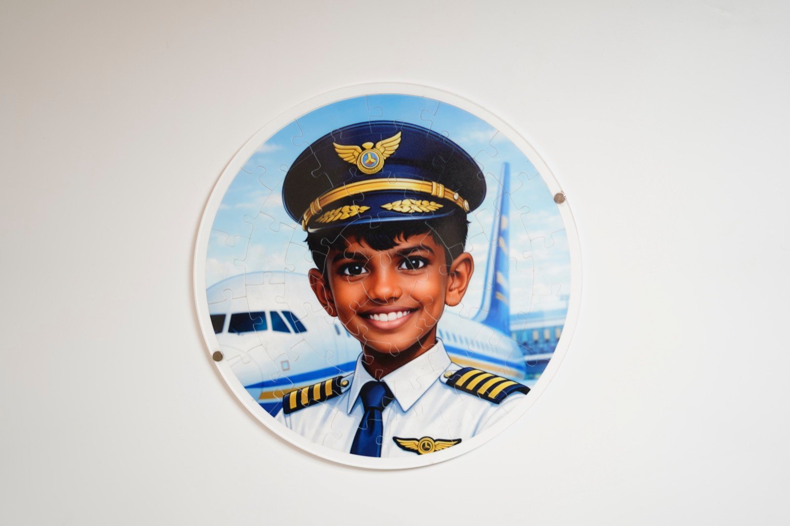 Round personalised jigsaw — little boy as an airline pilot