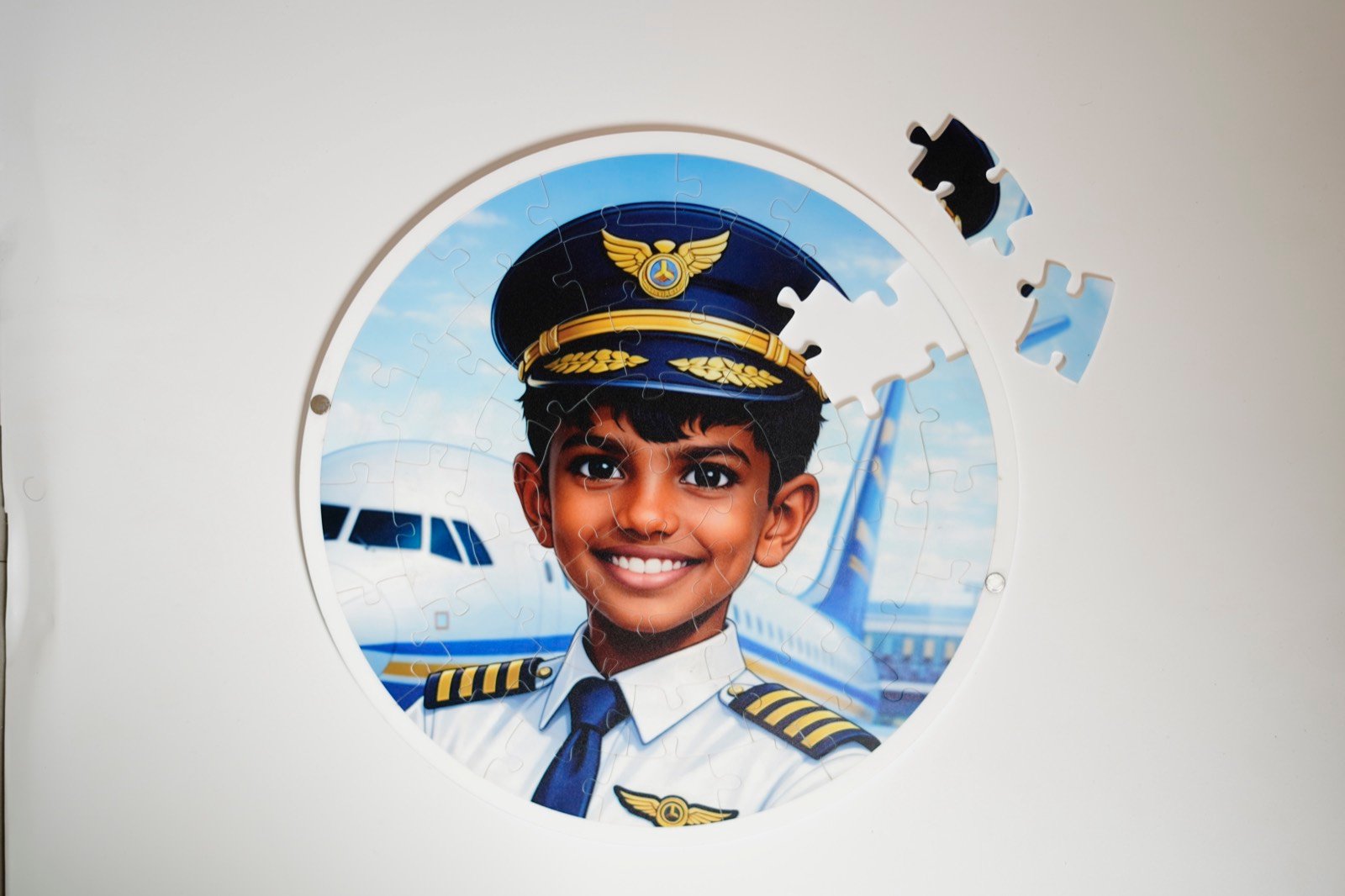 Round jigsaw puzzle of a young boy as an airline pilot, pieces being placed